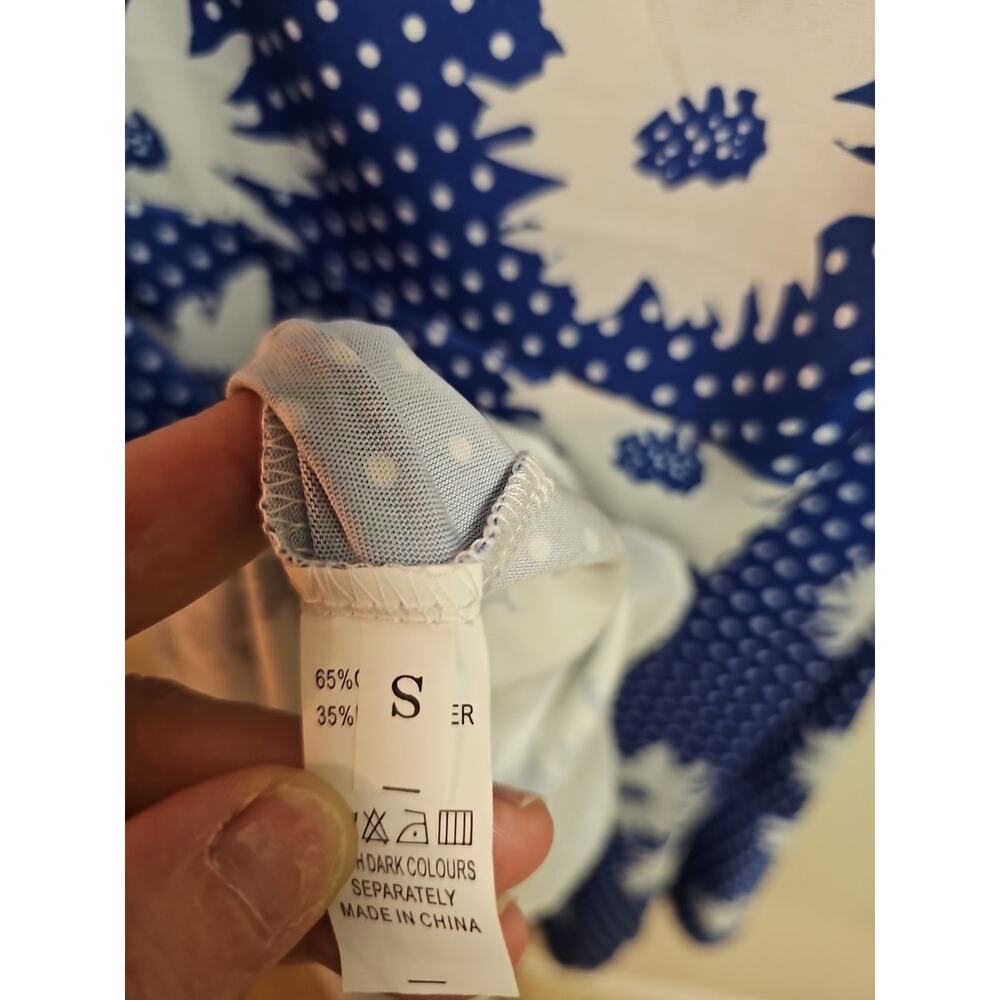 Blue and White Polka Dot Mock Wrap Dress with Flowers Size Small - Picture 7 of 8
